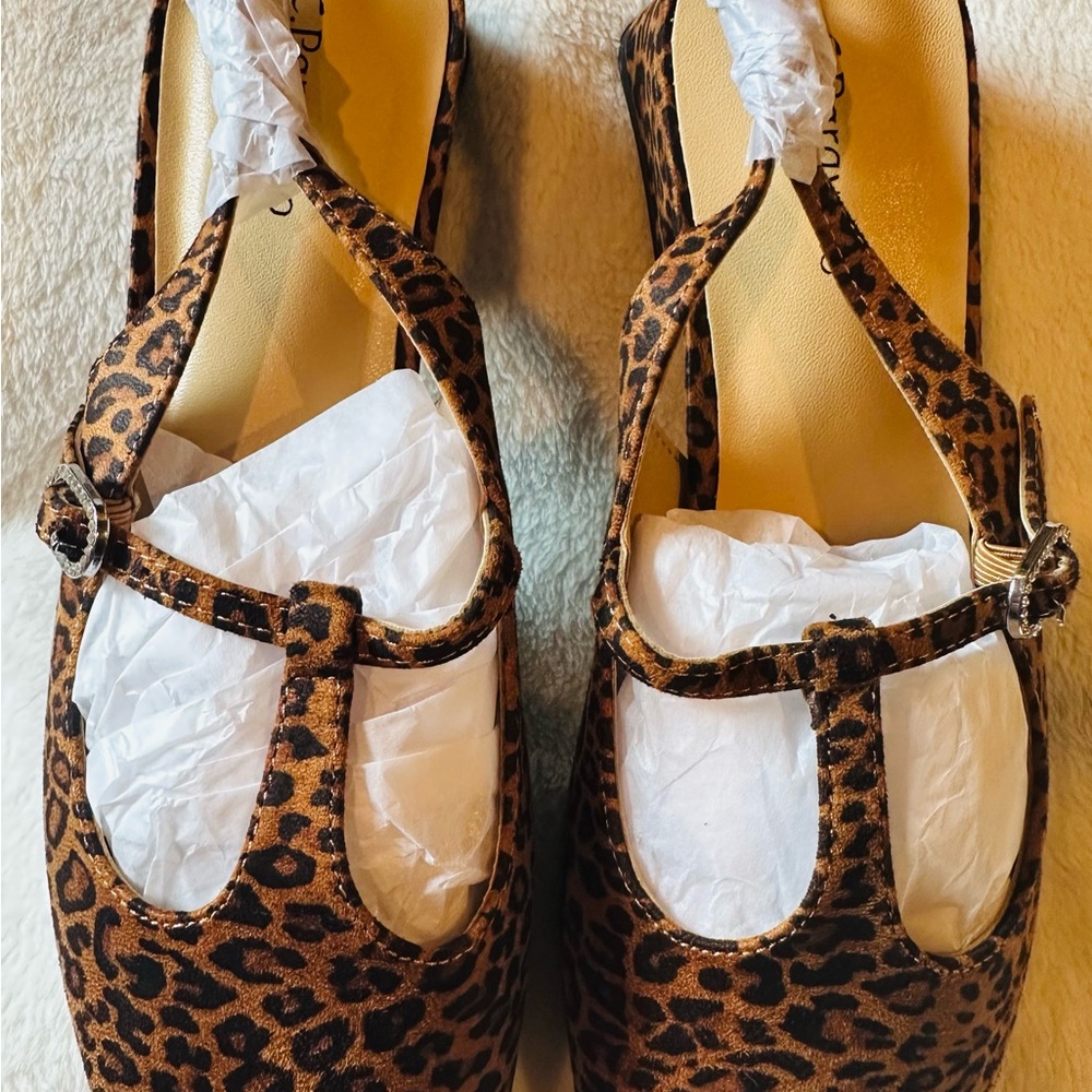 C. Paravano Square Toe Slingback Flats Leopard Print Mary Jane Sz#EU38.5 US#8 - Picture 6 of 12